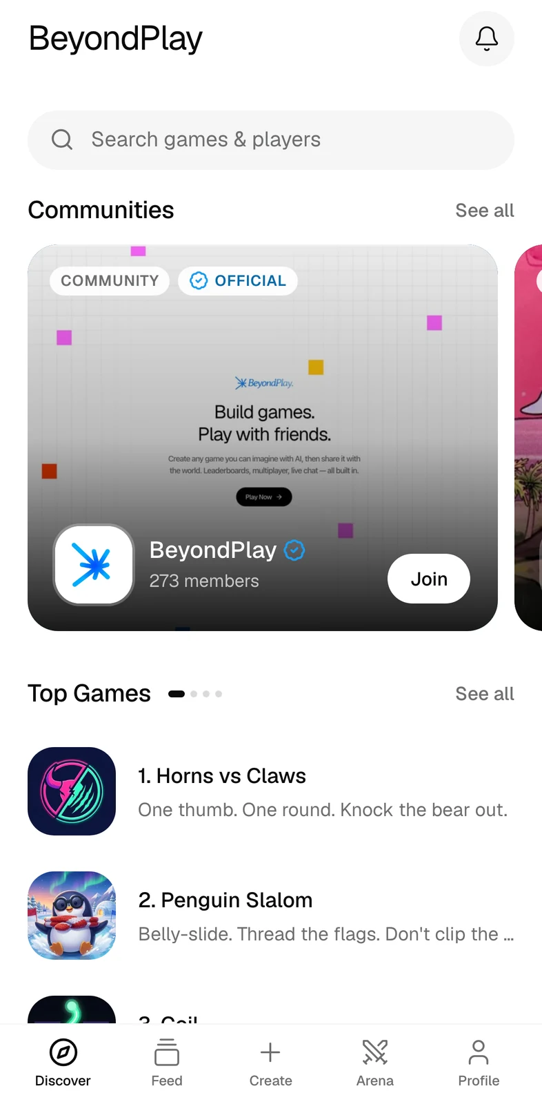 BeyondPlay Discover tab with communities and top games